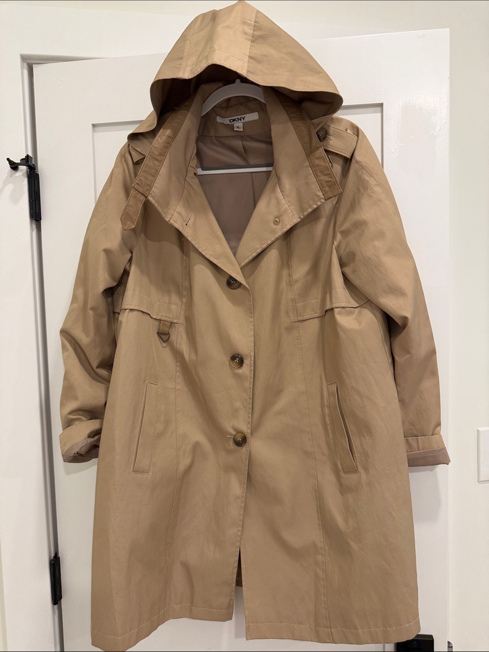 Vintage DKNY Women’s XL Tan Hooded Trench Coat Classic Utility Raincoat